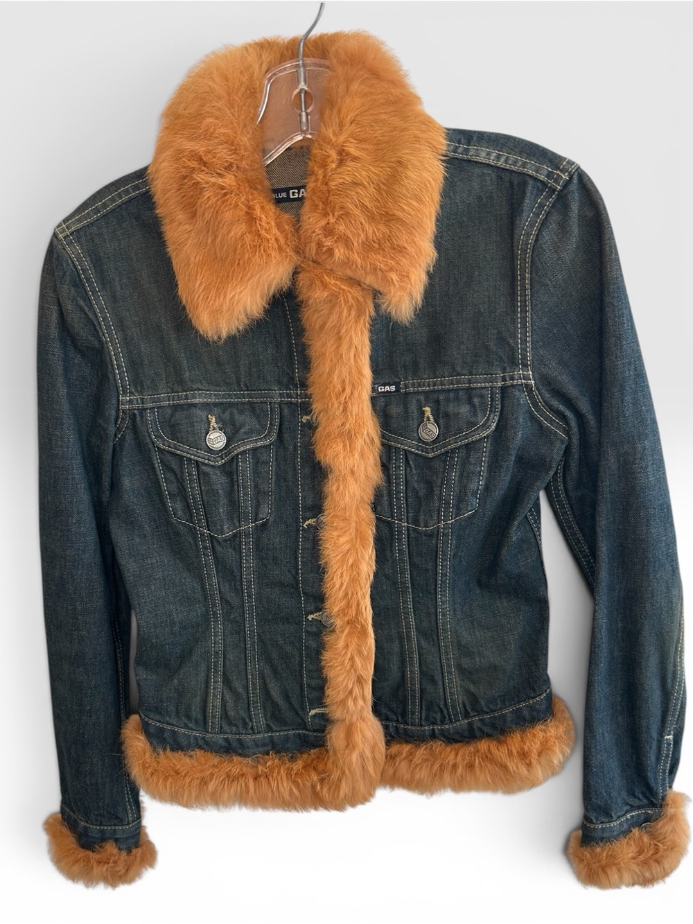 Gas Jeans Italy Denim Jacket Rabbit Fur Trim Early 2000s Y2K Vintage